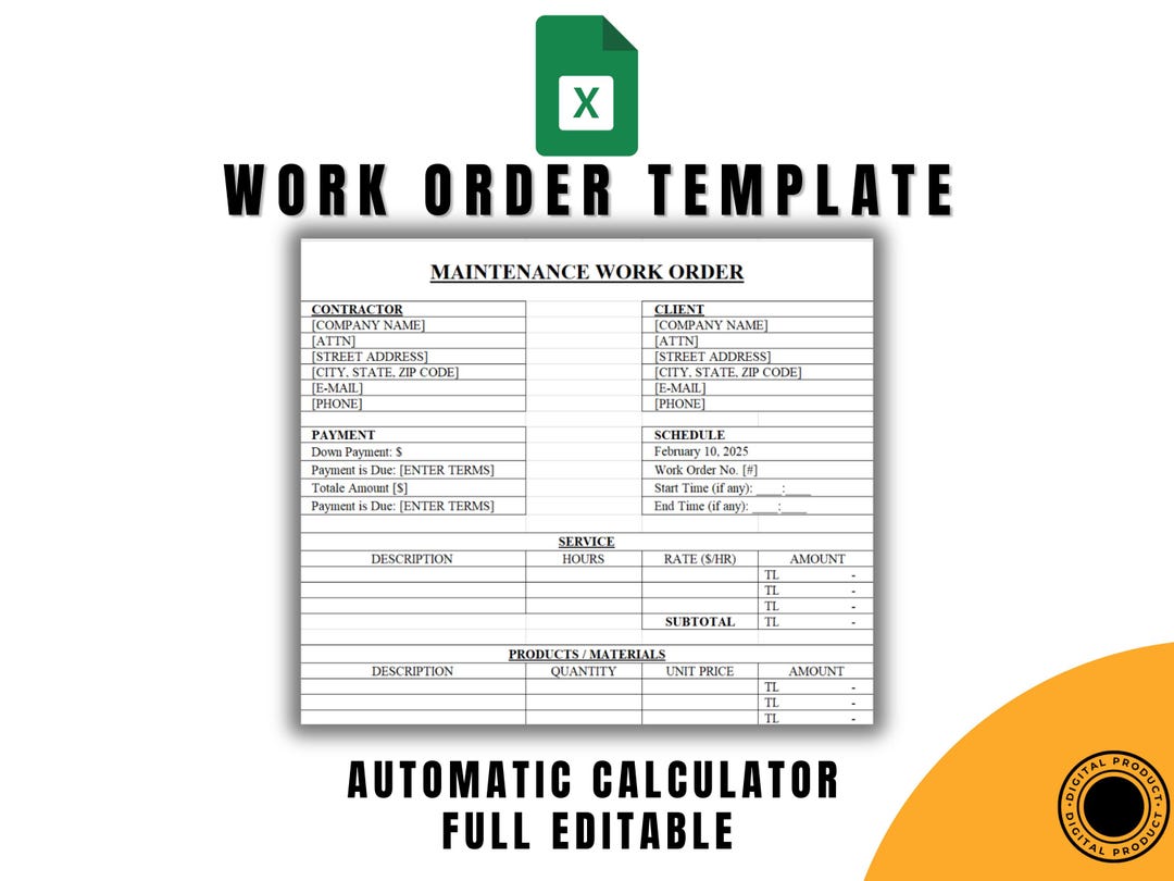 Work Order Template, Excel Format, Professional and Customizable ...