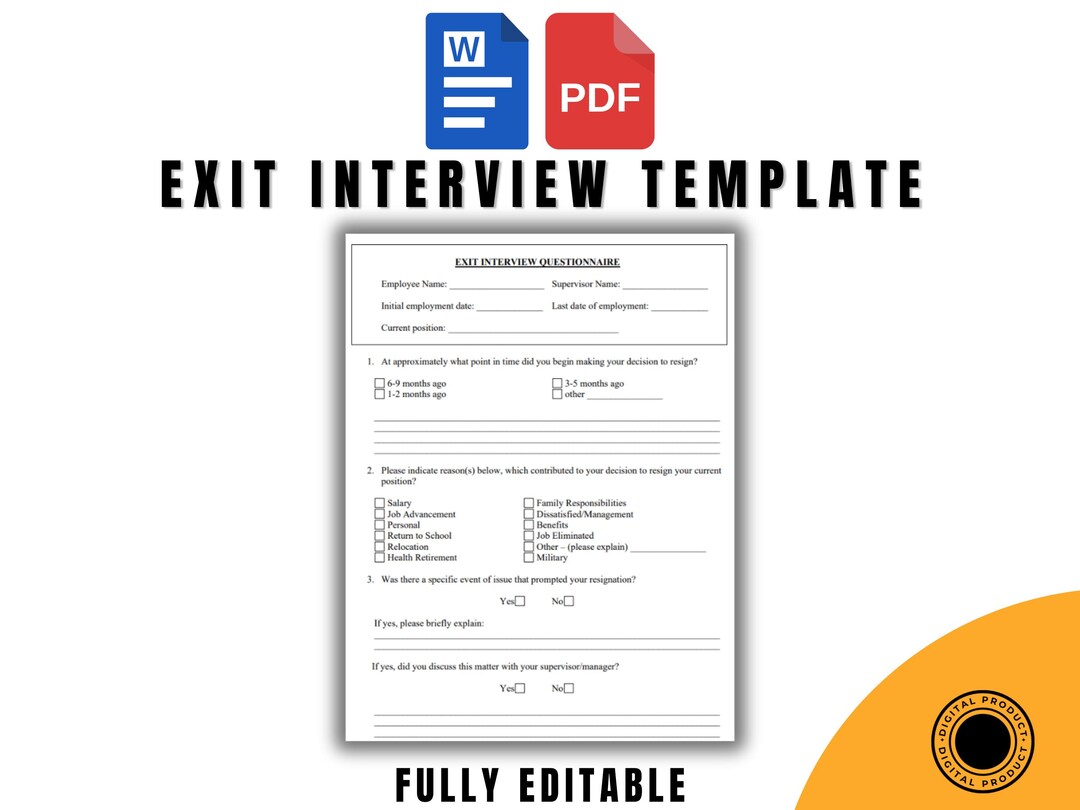 Exit Interview Questionnaire Template, Word and PDF Format, Fully ...