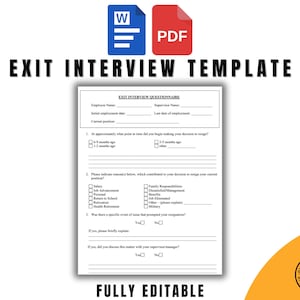 Puede incluir: Una plantilla de cuestionario de entrevista de salida imprimible en blanco y negro. La plantilla incluye secciones para el nombre del empleado, el nombre del supervisor, la fecha de contratación inicial, la fecha de salida, el puesto actual y una serie de preguntas sobre las razones de la salida del empleado.