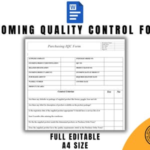 Incoming Quality Control Checklist Form, Editable Supplier Product Inspection Template, IQC Process Checklist, ISO 9001 Compliant Tool