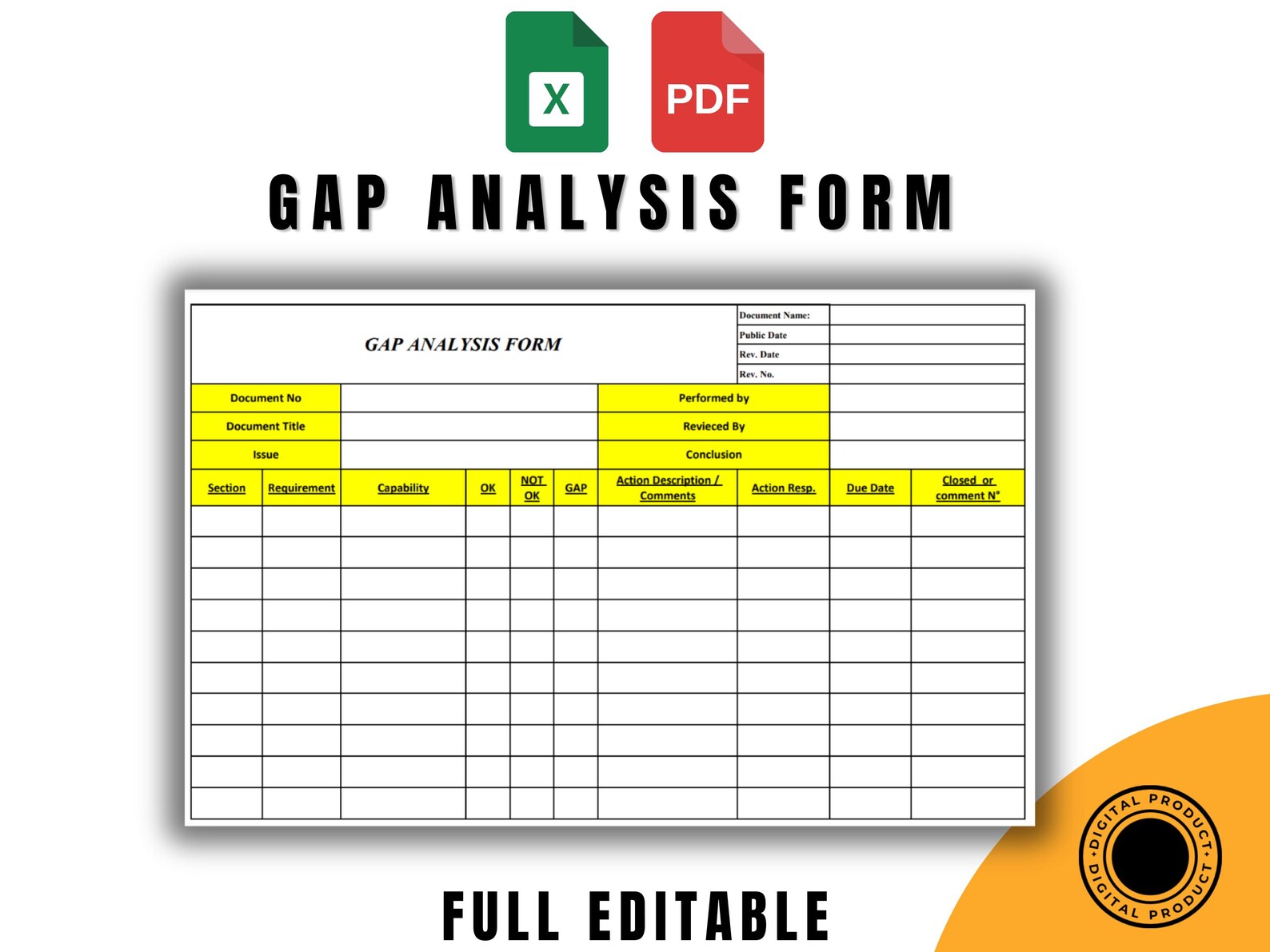 Gap Analysis Template, Editable Excel & Printable PDF Formats, ISO 9001 ...