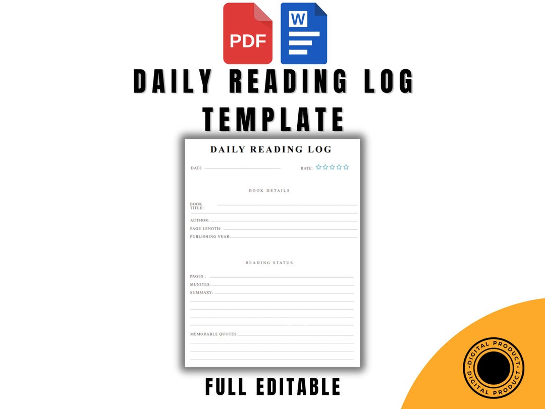 Daily Reading Log Template, Word and PDF Format, Fully Editable and ...