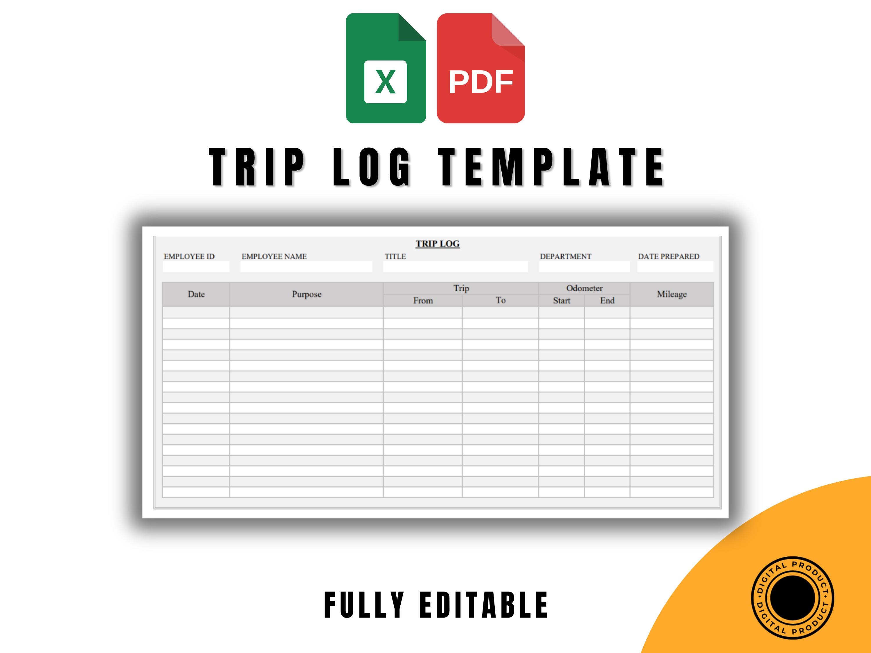 Trip Log Template PDF Excel Fully Editable Travel Log Sheet
