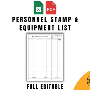 Personnel Stamp and Equipment List, Editable Excel Format, Printable PDF, ISO 9001 Compliant, Customizable Tool for QA and Tracking