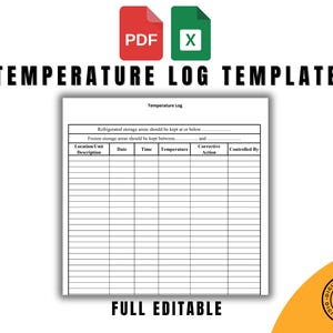 Sjabloon temperatuurlog, pdf- en Excel-indeling, volledig bewerkbaar en afdrukbaar, aanpasbaar trackingblad, tool voor nalevingscontrole