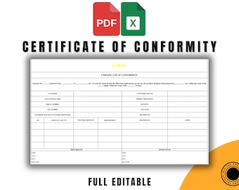 Modello di certificato di conformità, formati Excel e PDF, modulo conforme alla norma ISO 9001, documento CoC modificabile, strumento di conformità aziendale