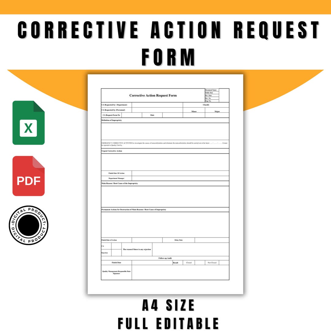 Corrective Action Request Form Template, ISO 9001 Compliant, Editable ...