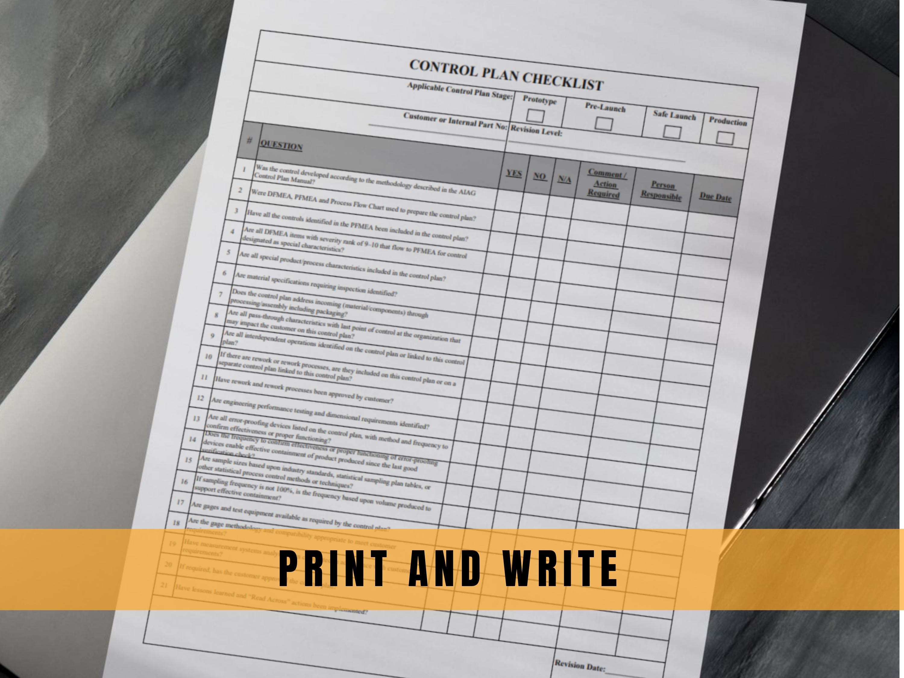 Control Plan Checklist Template, Editable PDF and Excel Format ...
