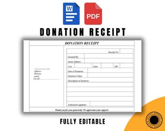 Donation Receipt Template Word & PDF, Printable Donation Acknowledgment Form, Editable Charity Receipt Document, Instant Download