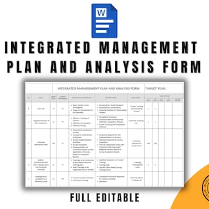 May include: A black and white printable integrated management plan and analysis form with a target year section. The form includes sections for new job, targeted number of new customers, customer satisfaction rate, quality training and development, and keeping work accidents to a minimum.
