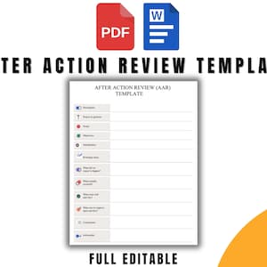 May include: A printable After Action Review (AAR) template with a list of questions to help you reflect on a project or event. The template is fully editable and includes icons for participants, project in question, scope, objectives, stakeholders, workshop steps, what did we expect to happen, what actually occurred, what went well, what could we improve, and action plan.