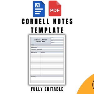 May include: A digital Cornell Notes template with a white background. The template includes sections for topic, objective, essential question, main ideas, notes, and summary. The image also features a blue Word document icon and a red PDF icon.