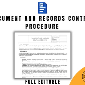Dokument- och registerkontrollförfarande, ISO 9001, 14001, 45001-kompatibel, redigerbart Word-format, anpassningsbar efterlevnadsguide