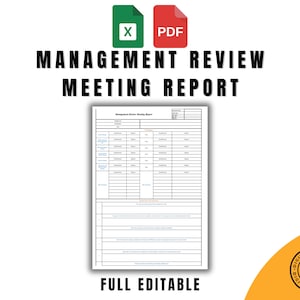 May include: A printable management review meeting report template in a white, black, and blue color scheme. The template includes sections for meeting details, action items, and notes. The text "FULL EDITABLE" is at the bottom of the page.