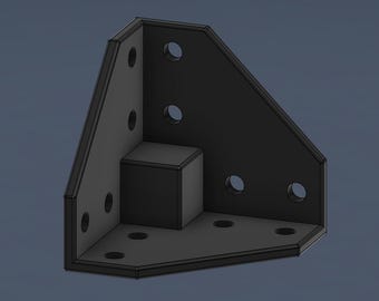 May include: Black metal corner bracket with multiple holes for mounting. The bracket has a square block in the corner.