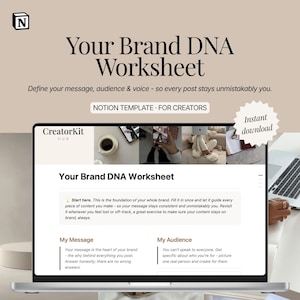 May include: A digital worksheet titled Your Brand DNA Worksheet displayed on a laptop screen. The interface includes sections for My Message and My Audience, with a Notion logo in the corner and text indicating it is a template for creators.