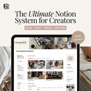 May include: A digital Notion template titled The Ultimate Notion System for Creators, featuring a Social Media Dashboard with a content planner, weekly habits tracker, and goal setting sections. The interface displays various lifestyle images.
