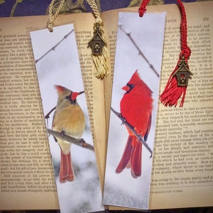 Set of 2 Snowy Cardinal Male & Female Red Birds Winter Early Spring Photo Bookmark w/ Antique Bronze Birdhouse Charm image 1