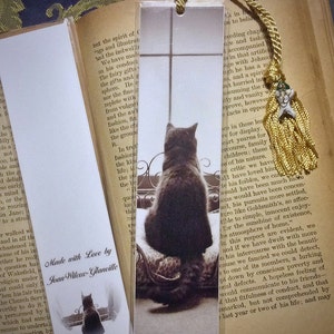 Laminated Sepia Tone Kitty Cat KittenWaiting Patiently in Window Photo Bookmark w/ Cloisonne Fish Beads