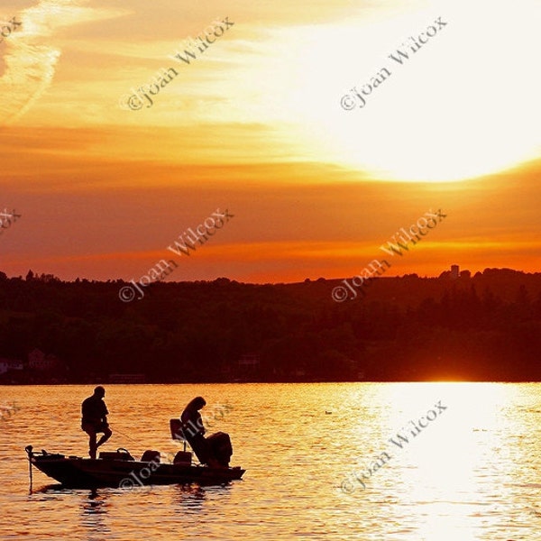 Scenic Sunset Anglers, Honeoye Lake, NY Original Fishing Fine Art Photography Print