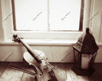 The Conservatory Window to Music Violin Bow and Lantern Still Life Sepia Tone Original Fine Art Photography Wall Art Photo Print