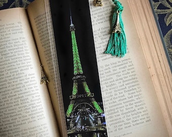 Handmade GREEN Eiffel Tower Paris, France Laminated Photo Bookmark w/ Gold Tone Tower Charm