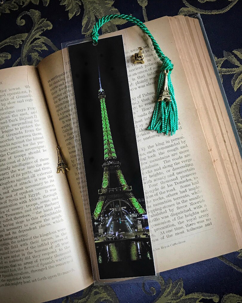 Handmade GREEN Eiffel Tower Paris, France Laminated Photo Bookmark w/ Gold Tone Tower Charm