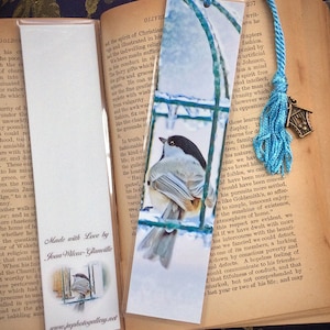 Chilly Chickadee Wild Bird & Feeder Winter Ice Storm Early Spring Bookmark w/ Birdhouse Charm Fine Art Photography Photo Laminated Bookmark image 1