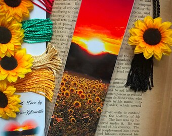 Golden Sunflower Sunset Summer Field Fine Art Spring Photography Photo Laminated Handmade Bookmark w/ Silk Flower