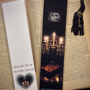 Crystal Candelabra Candle & Skull Gothic Scary Spooky Photo Bookmark w/ Skeleton Key Charm