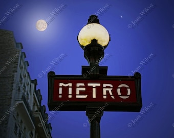 Moonlight Metro Paris France Metro Sign France CHOOSE NIGHT or DAY Fine Art Photography Photo Print