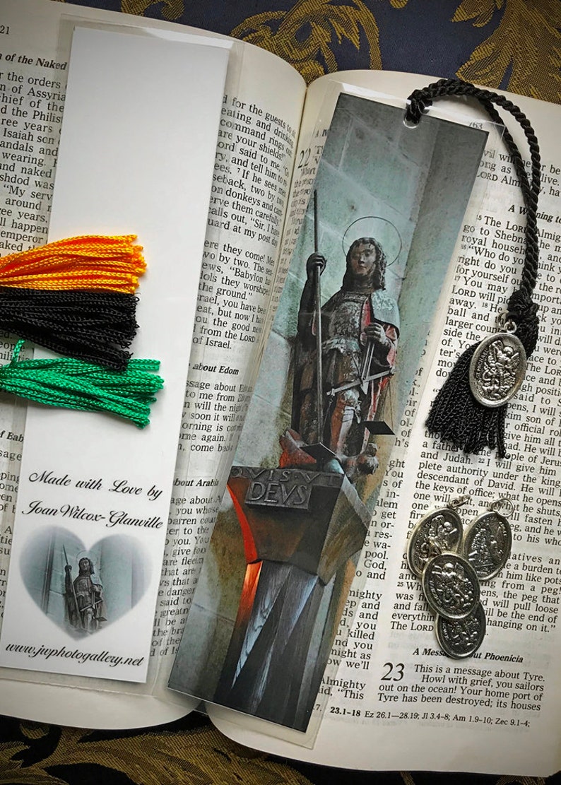 Archangel Michael QUIS UT DEUS Mont St Michel Normandy France Europe Gothic Abbey Photo Laminated Catholic Religion Bookmark Archangel Medal image 1