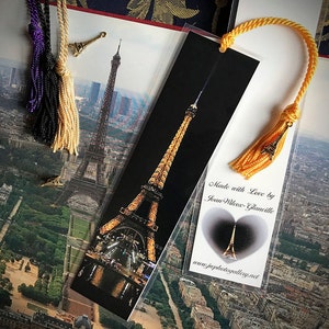 Handmade Gold Eiffel Tower Paris, France Laminated Photo Bookmark w/ Gold Tone Tower Charm image 2