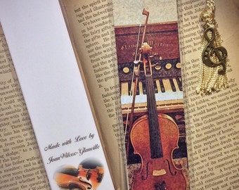 Concerto Masterpiece Violin Piano Organ Fine Art Laminated Photo Bookmark w/ Antique Gold Tone G Clef Music Note Charm