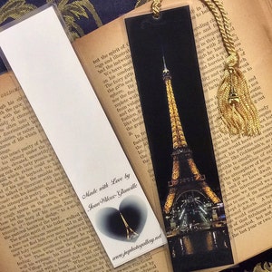 Handmade Gold Eiffel Tower Paris, France Laminated Photo Bookmark w/ Gold Tone Tower Charm image 1