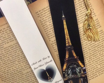 Handmade Gold Eiffel Tower Paris, France Laminated Photo Bookmark w/ Gold Tone Tower Charm
