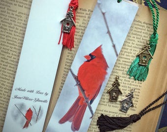 Laminated Snowy Red Cardinal Male Bird Photo Bookmark w/ Antique Bronze Birdhouse Charm