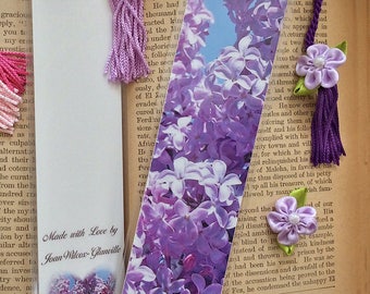 Blooming Lilacs Spring Floral Photo Bookmark w/ Lilac & Pearl Ribbon Flower Fine Art Photography Laminated Handmade Bookmark