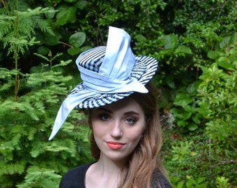 1940s Style Perch Hat in Blue Taffeta