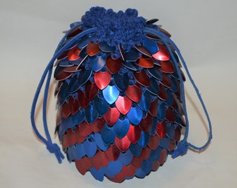 Blue and Red Scalemail Dice Bag of Holding in Knitted Dragonhide Armor Extra Large