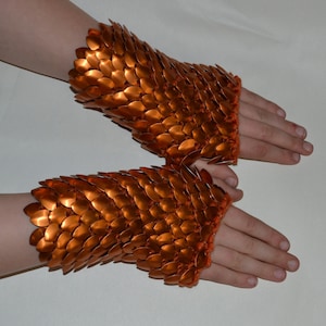 Scale Maille Armor Gauntlets in knitted Dragonhide Orange