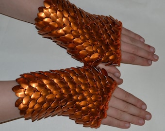 Scale Maille Armor Gauntlets in knitted Dragonhide Orange