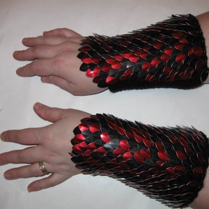 Scalemail Armor Bracers Knitted Dragonhide Red and Black custom made to order