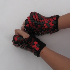 Scalemail Dragonhide Knitted Armor Gauntlets in Red and Black choose your size image 2