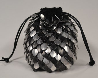 Scalemail Dice Bag of Holding Black and Silver Stripe in knitted Dragonhide Extra Large