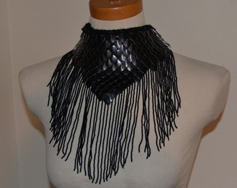 Black Choker with Glass Bead Fringe Dragonhide Knit Armor Dragonscale Scalemail