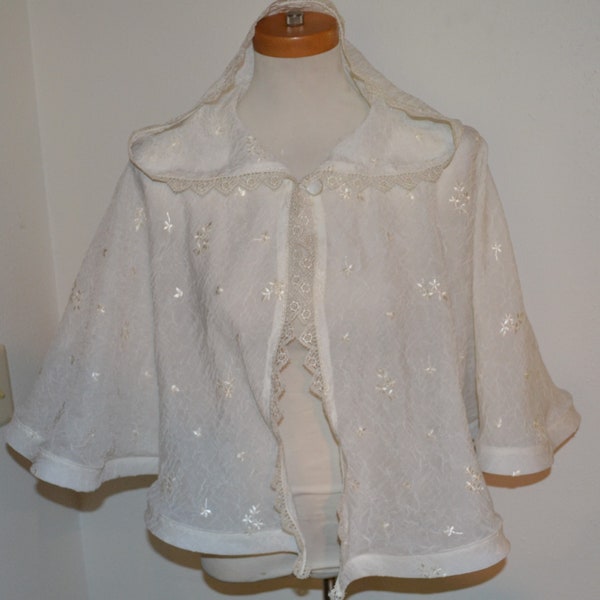 Sheer Cape with Hood in Off White Embroidered Fabric Fairy Costume