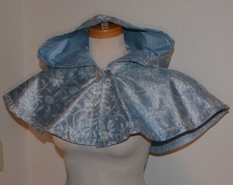 Blue Metallic Brocade Capelet, Fully Lined Frost Flower