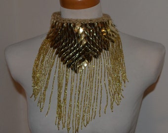 Gold Knitted Armor Choker with Glass Bead Fringe Knit Dragonscale Scalemail Necklace