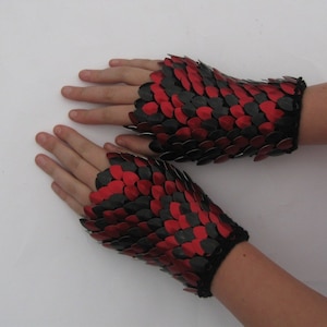 Scalemail Dragonhide Knitted Armor Gauntlets in Red and Black choose your size